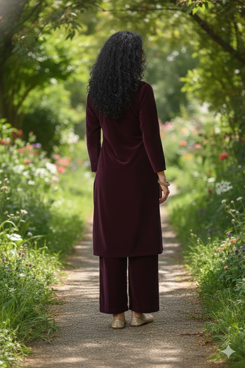 Myshka Women Wine Velvet Embroidered Full Sleeve Kurta With Trouser | Grocsy
