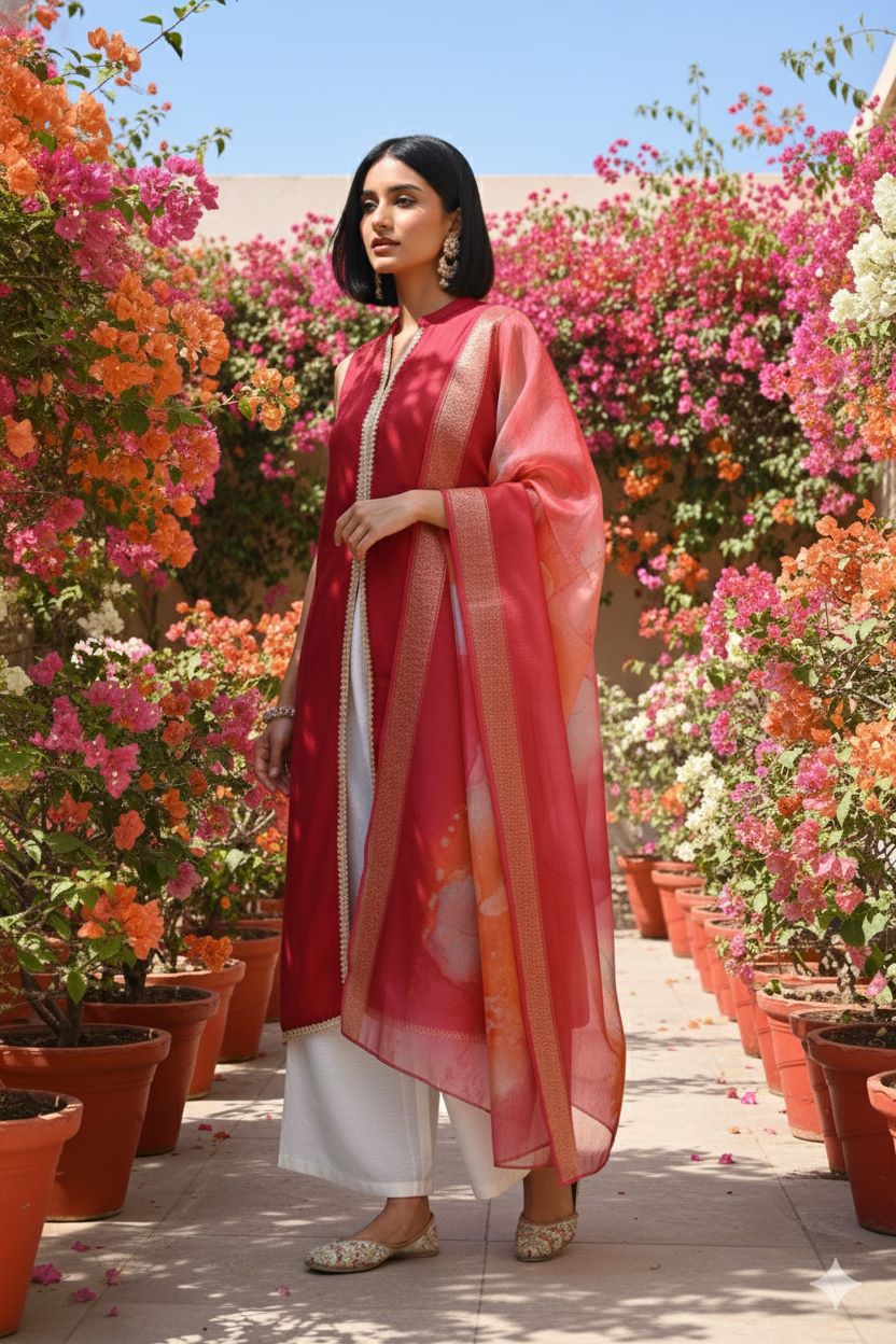 Myshka Women Red Sleeveless Kurta, White Palazzo with Printed Organza Dupatta | Grocsy