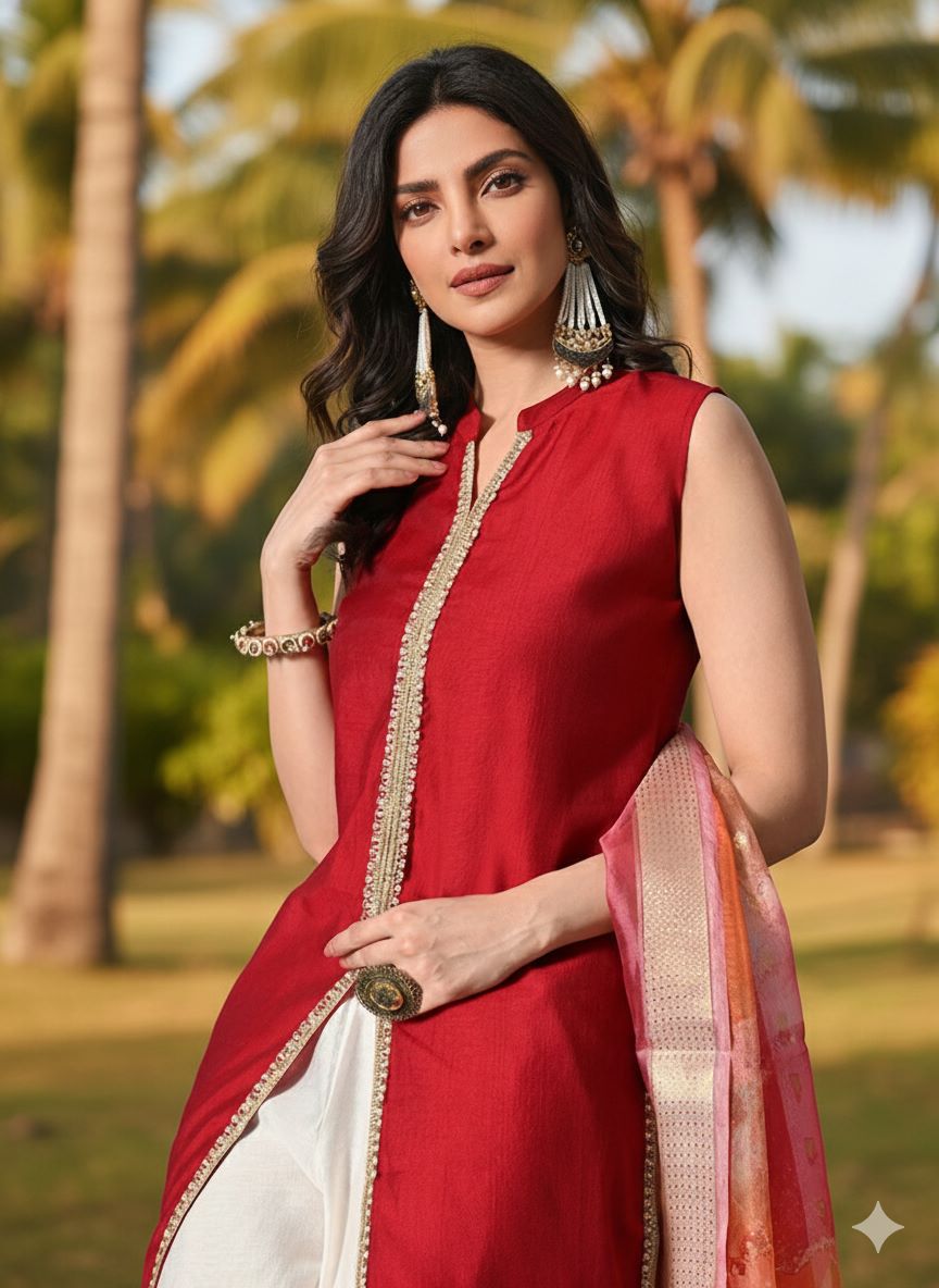 Myshka Women Red Sleeveless Kurta, White Palazzo with Printed Organza Dupatta | Grocsy