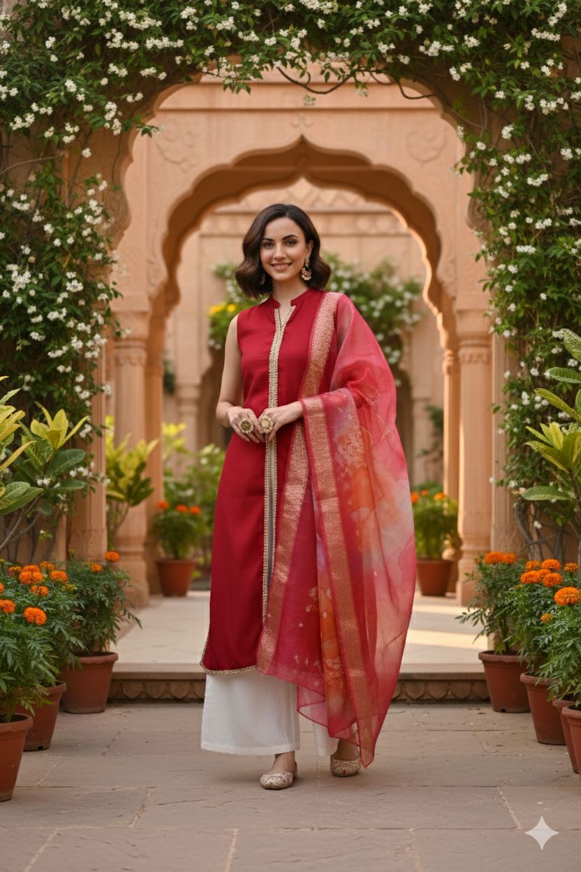 Myshka Women Red Sleeveless Kurta, White Palazzo with Printed Organza Dupatta | Grocsy