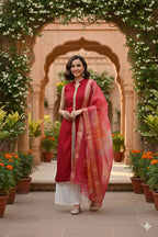 Myshka Women Red Sleeveless Kurta, White Palazzo with Printed Organza Dupatta | Grocsy