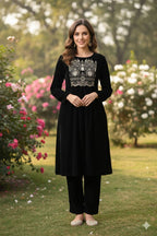 Myshka Women Black Velvet Embroidered Full Sleeve Kurta With Trouser | Grocsy