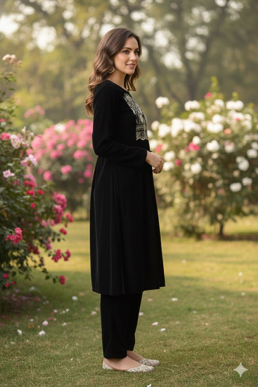 Myshka Women Black Velvet Embroidered Full Sleeve Kurta With Trouser | Grocsy
