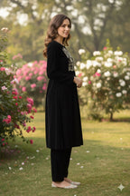 Myshka Women Black Velvet Embroidered Full Sleeve Kurta With Trouser | Grocsy