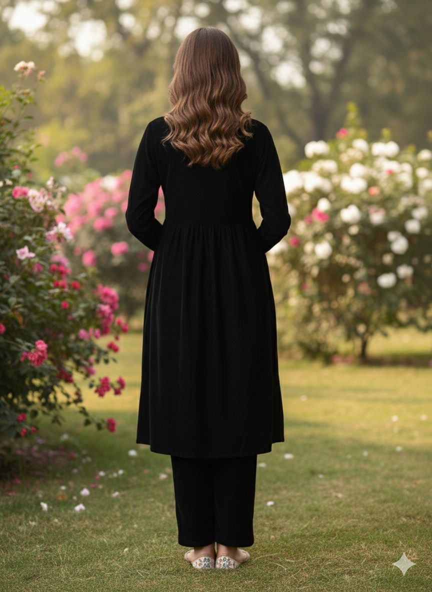Myshka Women Black Velvet Embroidered Full Sleeve Kurta With Trouser | Grocsy