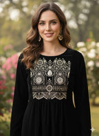 Myshka Women Black Velvet Embroidered Full Sleeve Kurta With Trouser | Grocsy