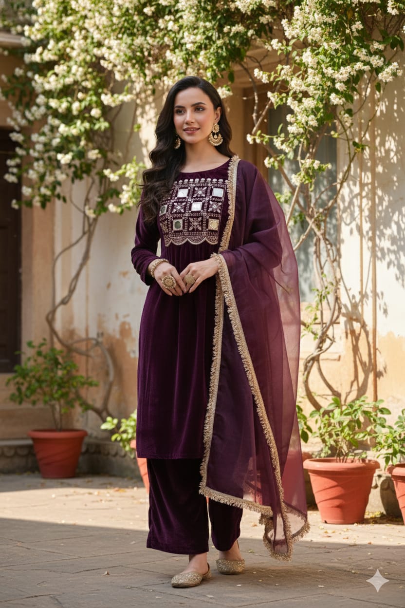 Myshka Women Wine Velvet Embroidered Full Sleeve Kurta Set with Organza Dupatta | Grocsy