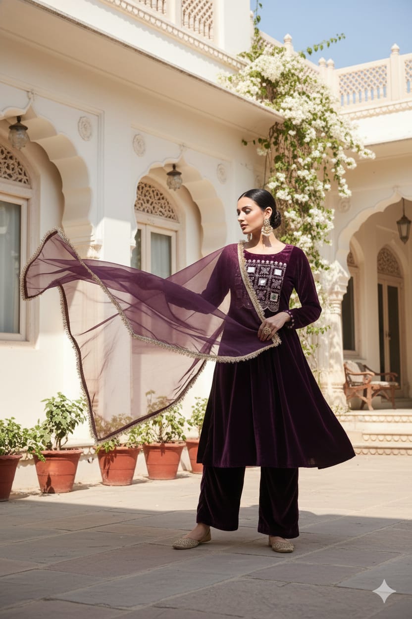 Myshka Women Wine Velvet Embroidered Full Sleeve Kurta Set with Organza Dupatta | Grocsy