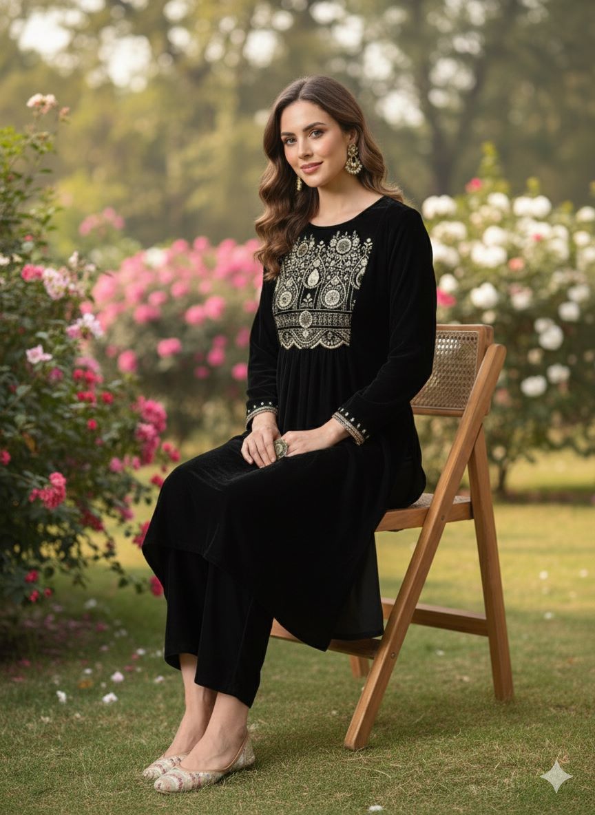 Myshka Women Black Velvet Embroidered Full Sleeve Kurta With Trouser | Grocsy