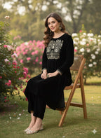 Myshka Women Black Velvet Embroidered Full Sleeve Kurta With Trouser | Grocsy