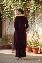 Myshka Women Wine Velvet Embroidered Full Sleeve Kurta Set with Organza Dupatta | Grocsy