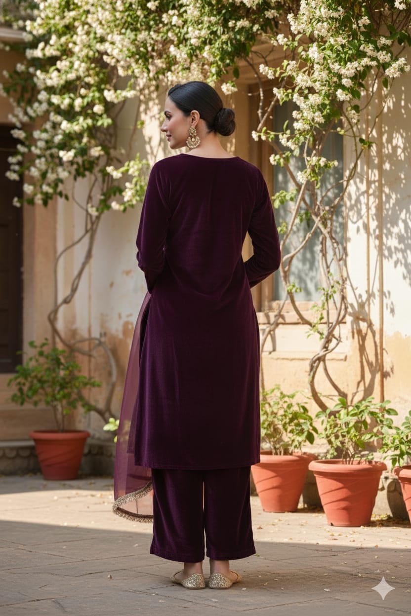 Myshka Women Wine Velvet Embroidered Full Sleeve Kurta Set with Organza Dupatta | Grocsy