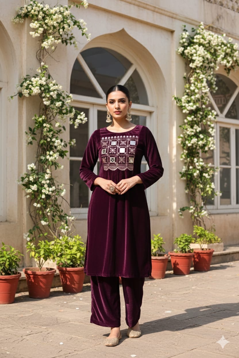 Myshka Women Wine Velvet Embroidered Full Sleeve Kurta Set with Organza Dupatta | Grocsy