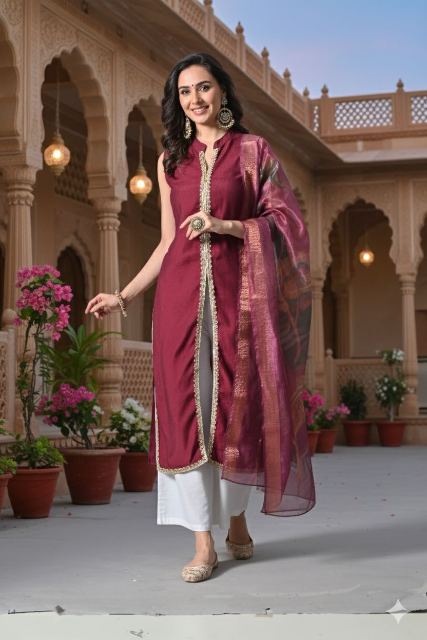 Myshka Women Wine Sleeveless Kurta, White Palazzo with Printed Organza Dupatta | Grocsy