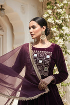 Myshka Women Wine Velvet Embroidered Full Sleeve Kurta Set with Organza Dupatta | Grocsy