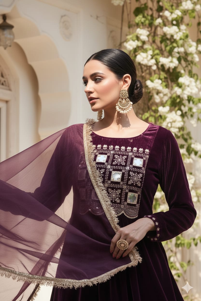 Myshka Women Wine Velvet Embroidered Full Sleeve Kurta Set with Organza Dupatta | Grocsy