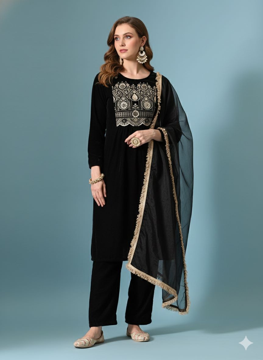 Myshka Women Black Velvet Embroidered Full Sleeve Kurta Set with Organza Dupatta | Grocsy