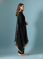Myshka Women Black Velvet Embroidered Full Sleeve Kurta Set with Organza Dupatta | Grocsy