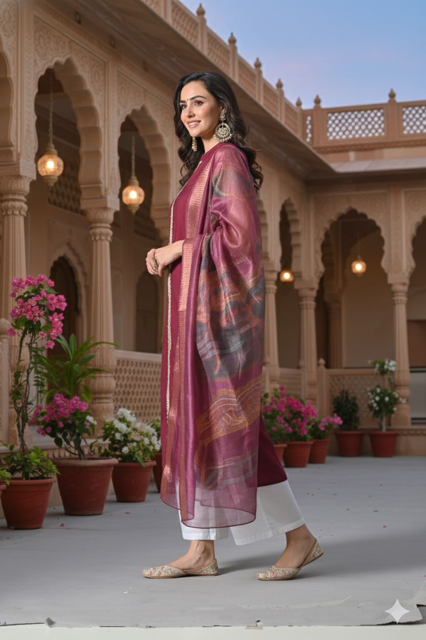 Myshka Women Wine Sleeveless Kurta, White Palazzo with Printed Organza Dupatta | Grocsy