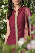 Myshka Women Wine Sleeveless Kurta, White Palazzo with Printed Organza Dupatta | Grocsy