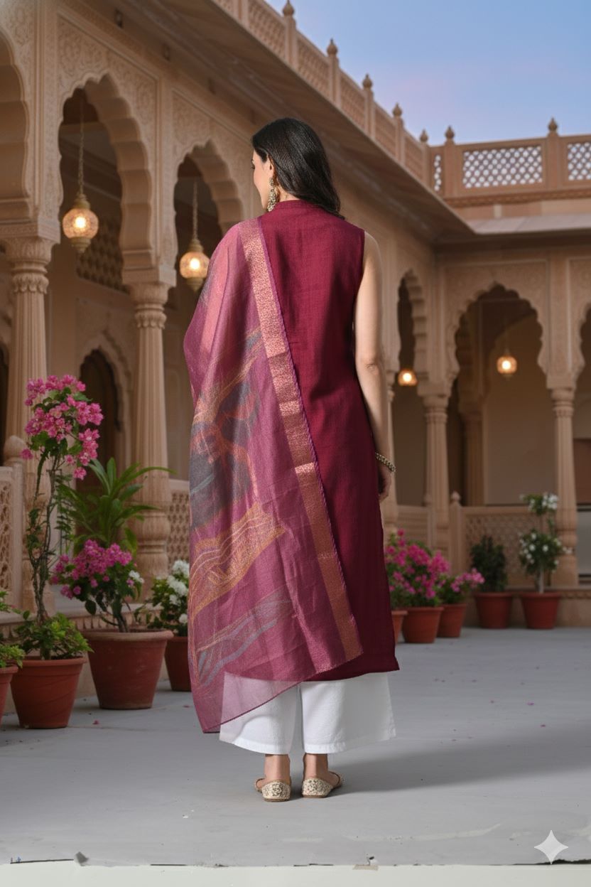 Myshka Women Wine Sleeveless Kurta, White Palazzo with Printed Organza Dupatta | Grocsy