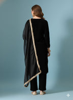 Myshka Women Black Velvet Embroidered Full Sleeve Kurta Set with Organza Dupatta | Grocsy