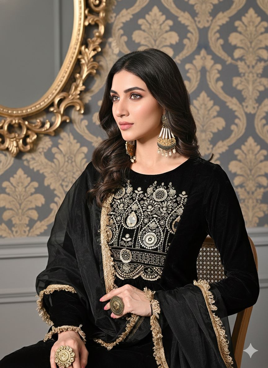 Myshka Women Black Velvet Embroidered Full Sleeve Kurta Set with Organza Dupatta | Grocsy