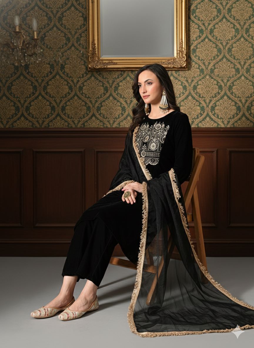 Myshka Women Black Velvet Embroidered Full Sleeve Kurta Set with Organza Dupatta | Grocsy