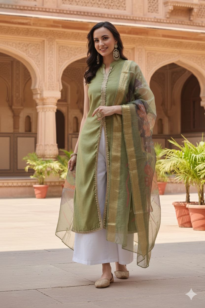 Myshka Women Green Sleeveless Kurta, White Palazzo with Printed Organza Dupatta | Grocsy