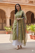 Myshka Women Green Sleeveless Kurta, White Palazzo with Printed Organza Dupatta | Grocsy