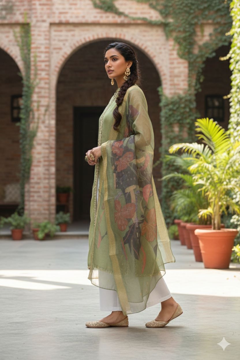 Myshka Women Green Sleeveless Kurta, White Palazzo with Printed Organza Dupatta | Grocsy