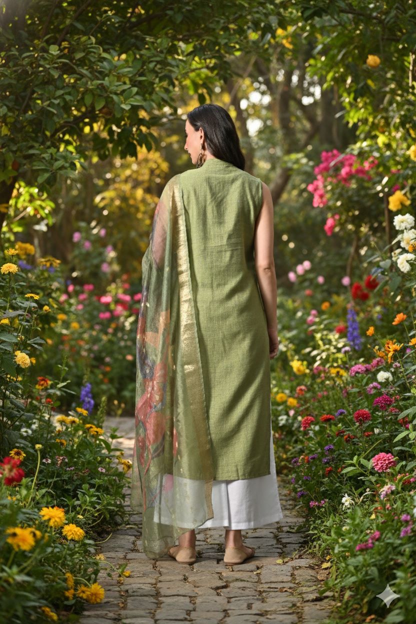 Myshka Women Green Sleeveless Kurta, White Palazzo with Printed Organza Dupatta | Grocsy
