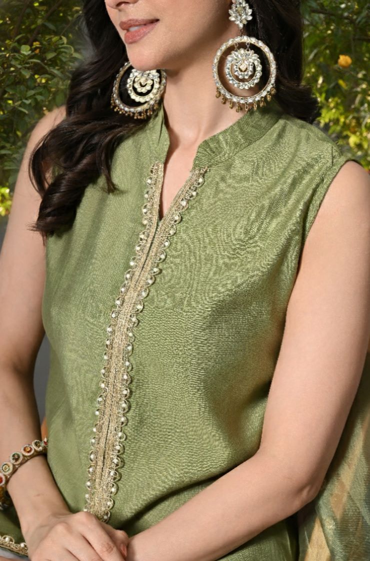 Myshka Women Green Sleeveless Kurta, White Palazzo with Printed Organza Dupatta | Grocsy