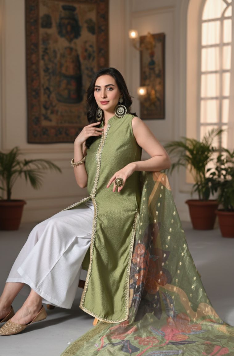 Myshka Women Green Sleeveless Kurta, White Palazzo with Printed Organza Dupatta | Grocsy