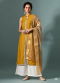 Myshka Women Yellow Sleeveless Kurta, White Palazzo with Printed Organza Dupatta | Grocsy