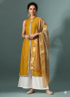 Myshka Women Yellow Sleeveless Kurta, White Palazzo with Printed Organza Dupatta | Grocsy