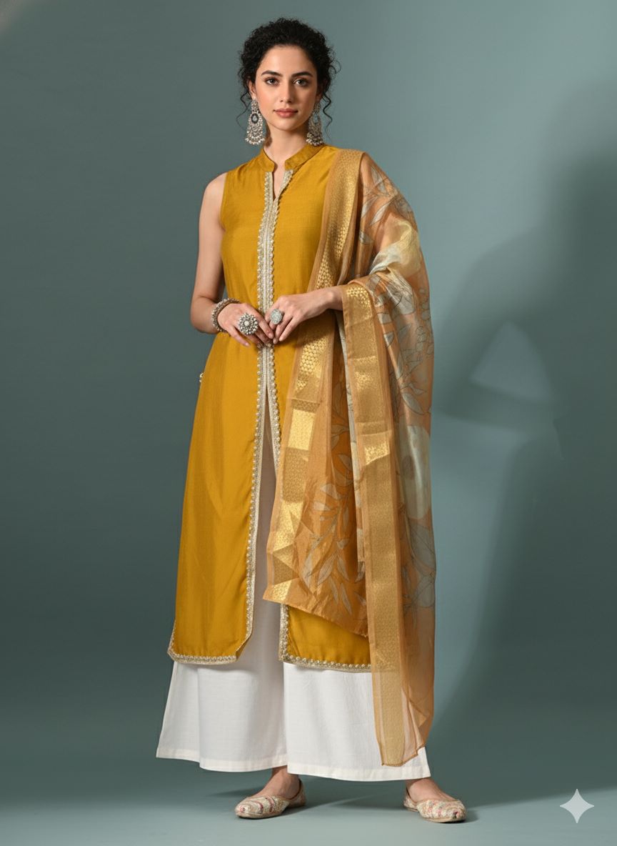 Myshka Women Yellow Sleeveless Kurta, White Palazzo with Printed Organza Dupatta | Grocsy