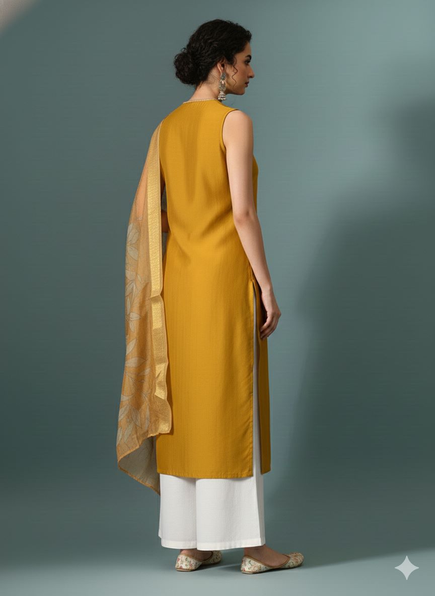 Myshka Women Yellow Sleeveless Kurta, White Palazzo with Printed Organza Dupatta | Grocsy