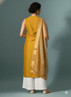Myshka Women Yellow Sleeveless Kurta, White Palazzo with Printed Organza Dupatta | Grocsy