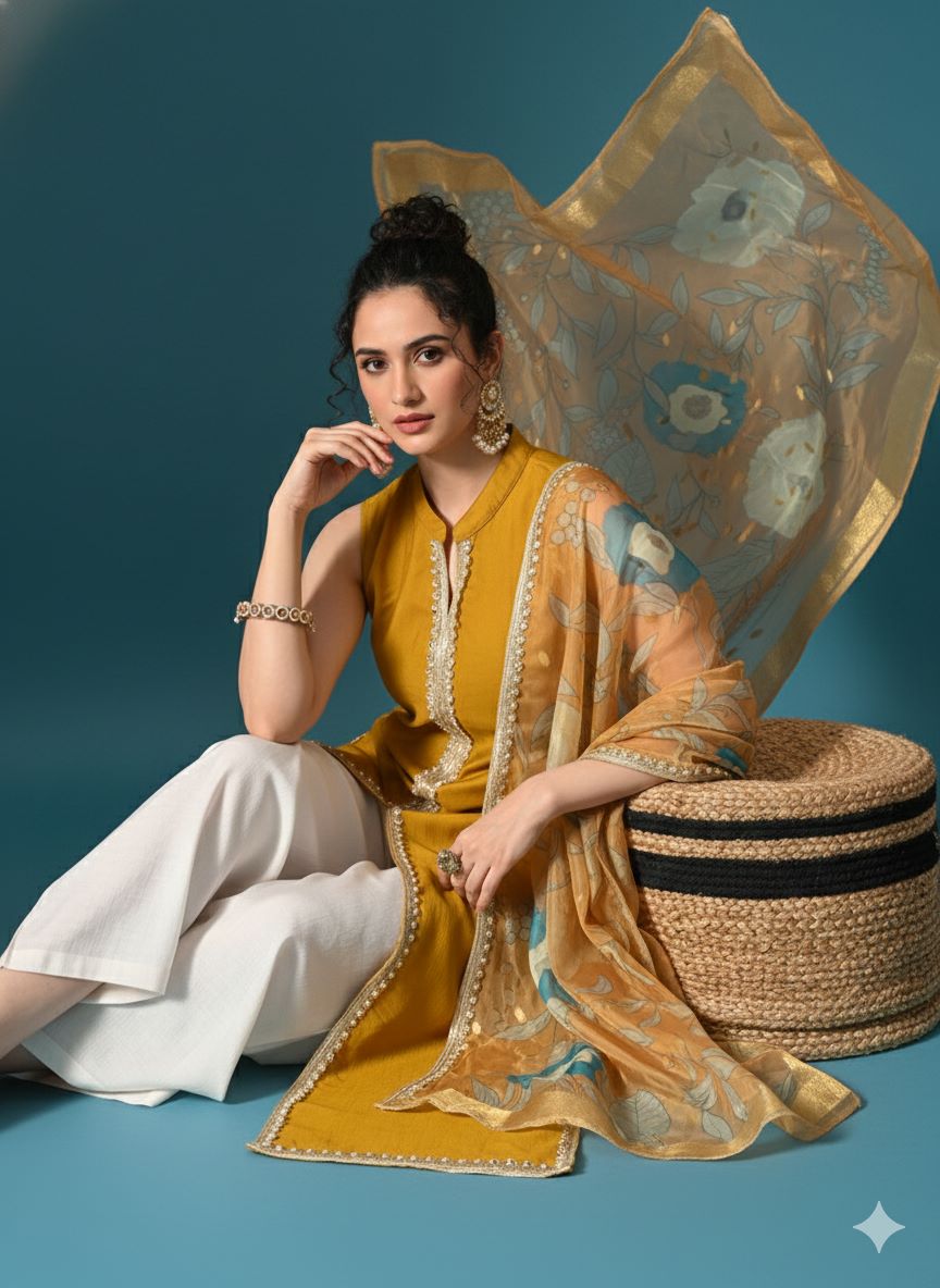 Myshka Women Yellow Sleeveless Kurta, White Palazzo with Printed Organza Dupatta | Grocsy