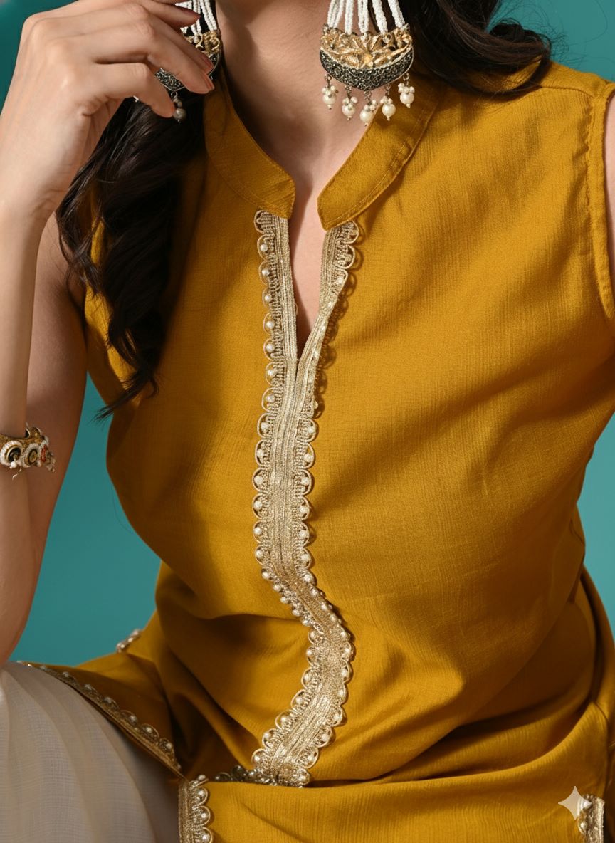 Myshka Women Yellow Sleeveless Kurta, White Palazzo with Printed Organza Dupatta | Grocsy