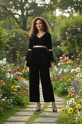 Myshka Women Black Velvet Peplum Top with Belt & Trouser Co-ord Set | Grocsy