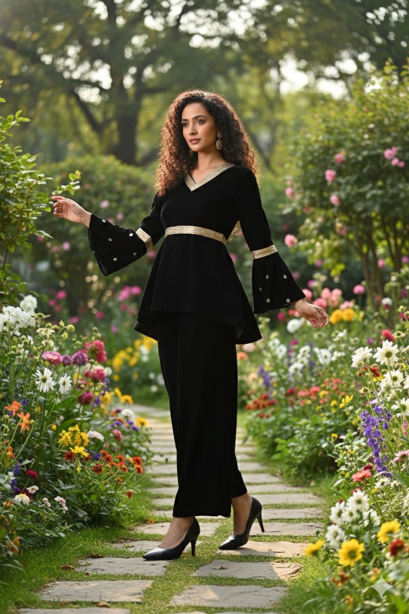 Myshka Women Black Velvet Peplum Top with Belt & Trouser Co-ord Set | Grocsy