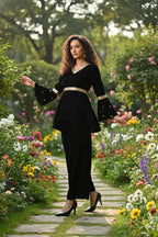 Myshka Women Black Velvet Peplum Top with Belt & Trouser Co-ord Set | Grocsy