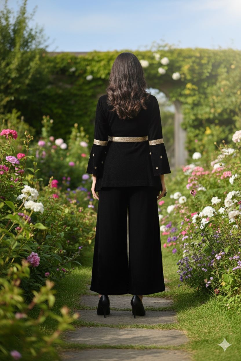 Myshka Women Black Velvet Peplum Top with Belt & Trouser Co-ord Set | Grocsy