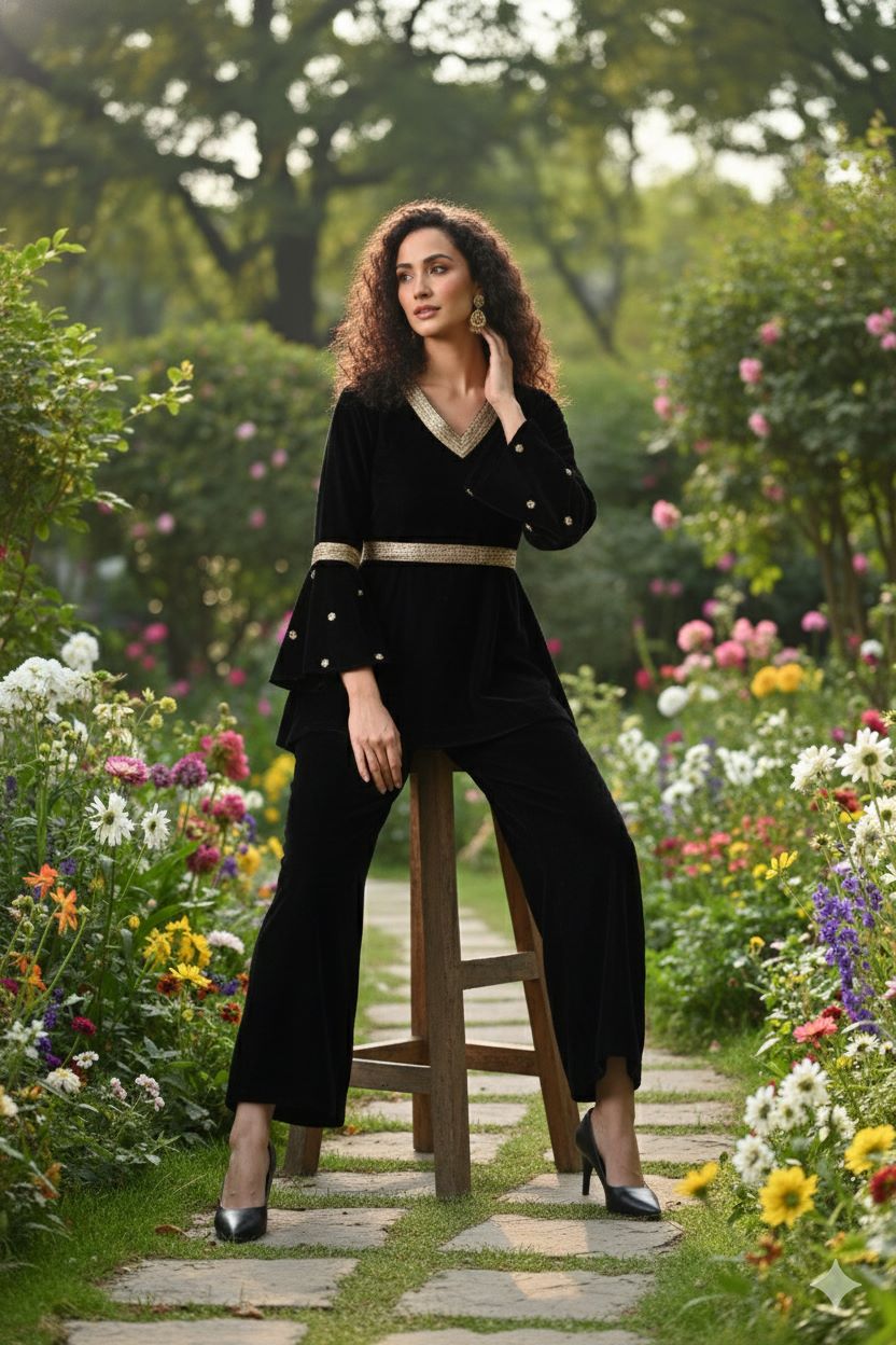 Myshka Women Black Velvet Peplum Top with Belt & Trouser Co-ord Set | Grocsy