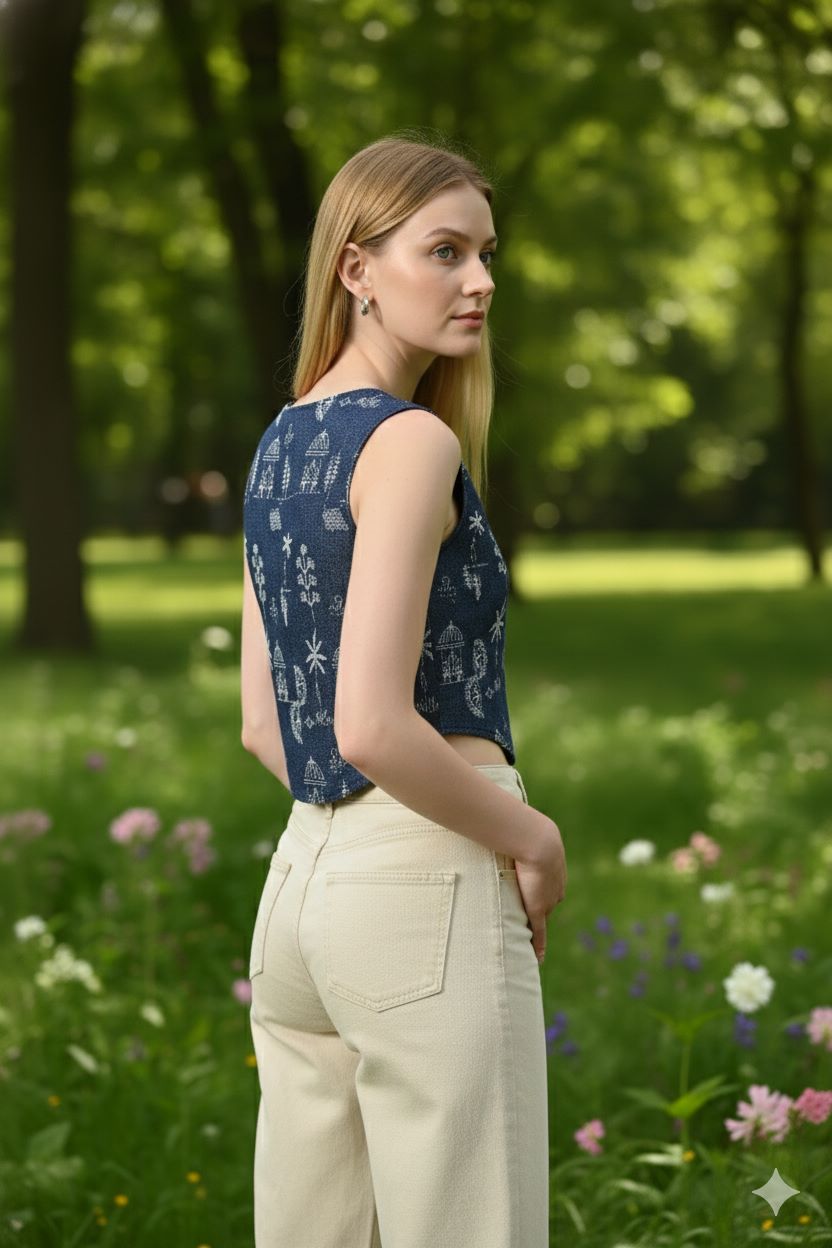 Myshka Women Blue Cotton Embroidered Sleeveless Top | Grocsy