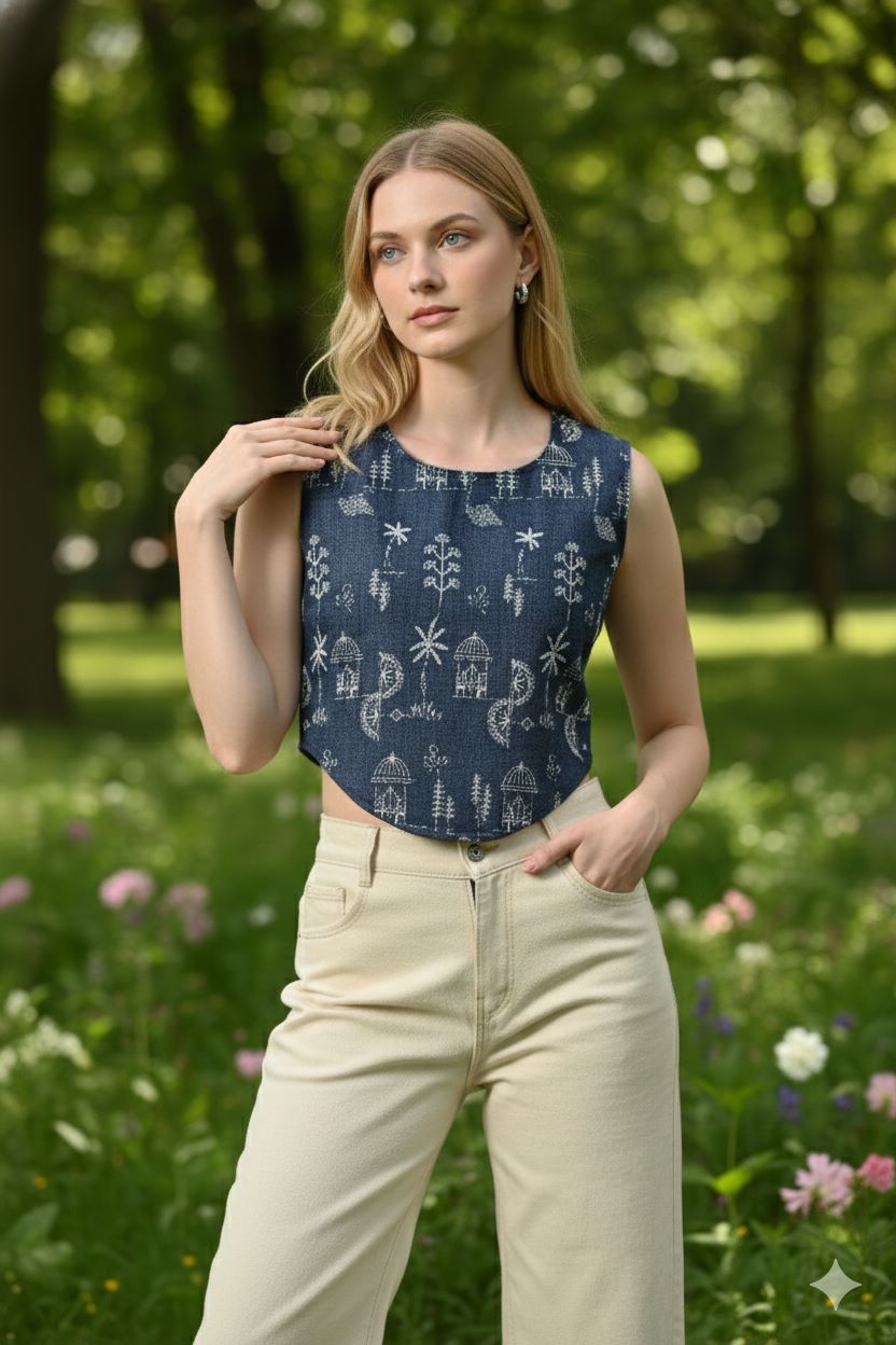 Myshka Women Blue Cotton Embroidered Sleeveless Top | Grocsy