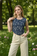 Myshka Women Blue Cotton Embroidered Sleeveless Top | Grocsy