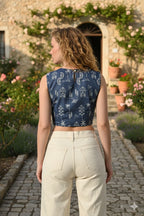 Myshka Women Blue Cotton Embroidered Sleeveless Top | Grocsy